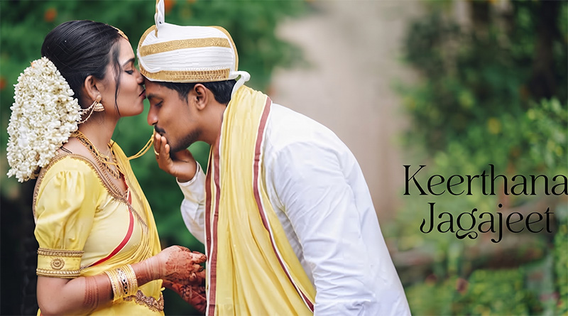 Cinematic wedding film still of a Kerala couple